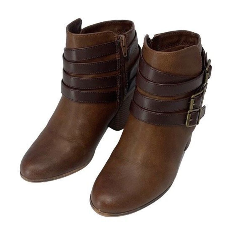 Material Girl Womens Ankle Boots Booties Buckle Strappy Zip Brown‎ Size 7.5